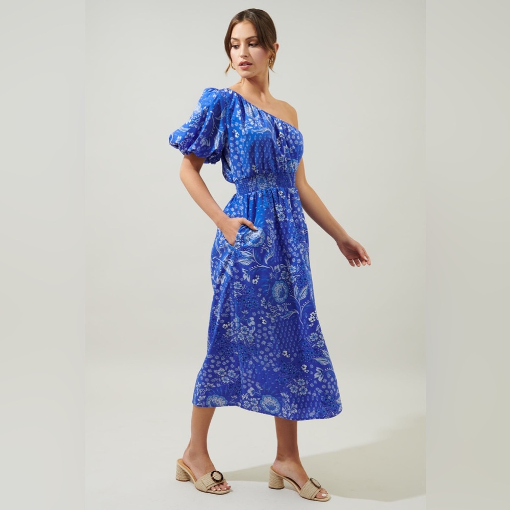 SUGARLIPS | Amaya Mixed Print Bridgette One Shoulder Midi Dress